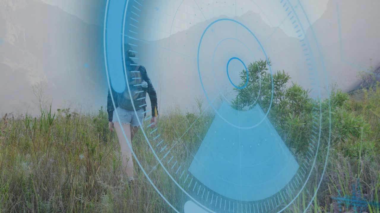 Hiker stepping into meadow, activating rotating AR tech radar overlay for route tracking