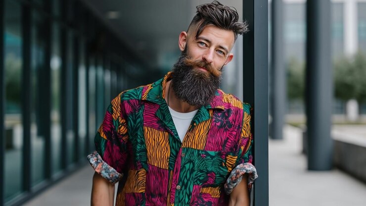 Uomo vestito con stile e con una lunga barba appoggiato a un pilastro fuori da un edificio per uffici