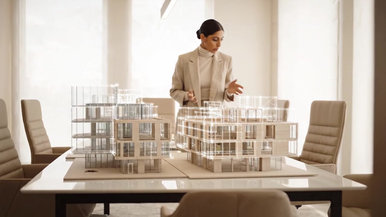 Presentazione di Modello Architettonico: Un Professionista Esamina un Rendering Dettagliato di un Edificio in Vetro e Acciaio in un Moderno Ambiente d'Ufficio