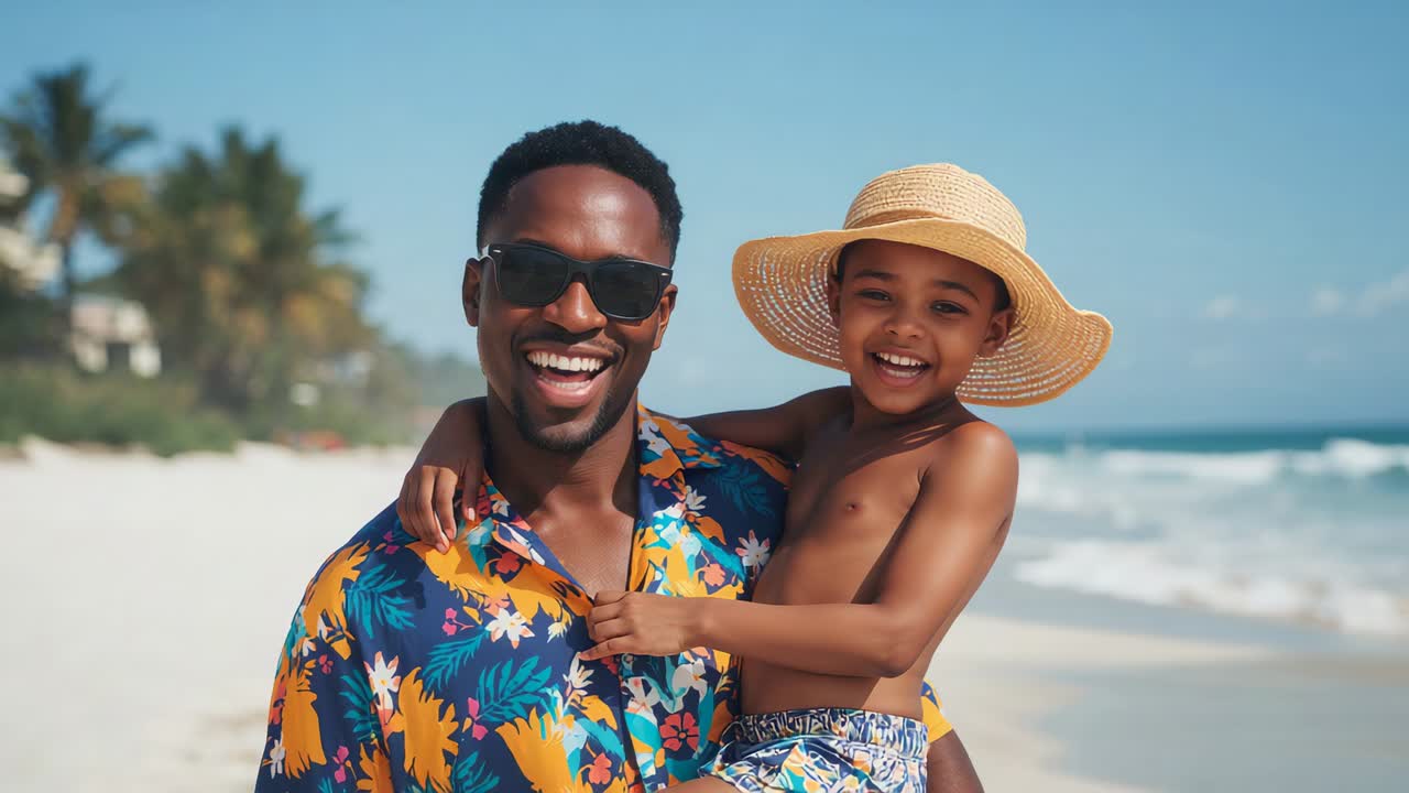 Camera capturing father holding son on hip at beach on vacation, wearing floral shirt, straw hat