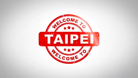 welcome to taipei signed stamping text wooden stamp animation. red ink on clean white paper surface background with green matte background included.