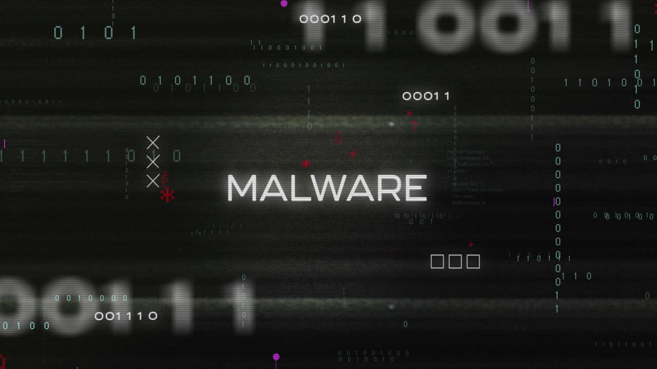 Animation of malware text over binary codes and computer language against black background