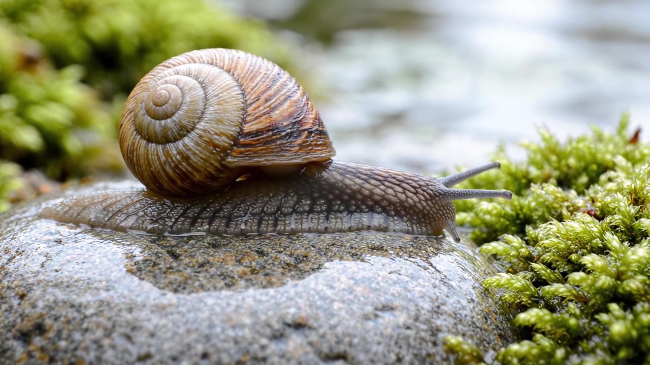 A Close-Up of a Snail on a Mossy Rock by the Water, Capturing the Intricate Details and Natural Beauty of Its Shell and Soft Body in a Tranquil Environment