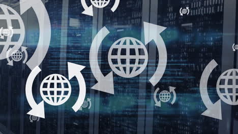 animation of global communication icons and data processing over computer server room