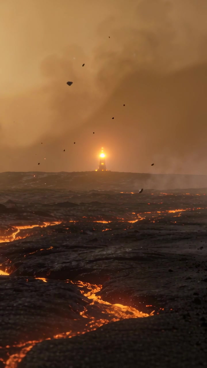 Vídeo vertical: Magma em ascensão empurrando um canal de lava através de um campo de lava, iluminando cinzas e um brilho distante.