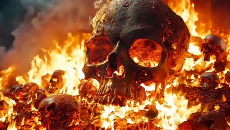 un grupo de cráneos en una pila de fuego