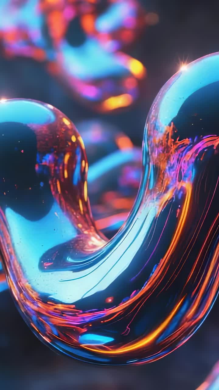 Vertical video: Orbiting camera revealing fluid metallic shape, neon reflections in digital space