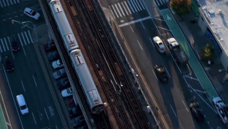 aerial view of the new york city subway on an autumn morning. shot in queens in 4k.