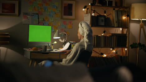 anonymous woman typing chromakey computer closeup. business lady finishing task