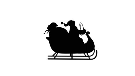 animation of black silhouette of santa claus in sleigh on white background