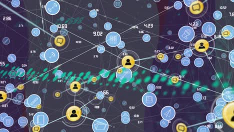 animation of network of connections with icons and data processing over computer servers