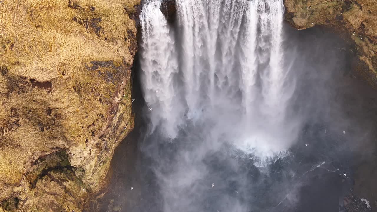 Top-down drone view of Skógafoss waterfall in Iceland, with glacial water thundering into a misty plunge pool. A breathtaking vertical perspective of raw nature.