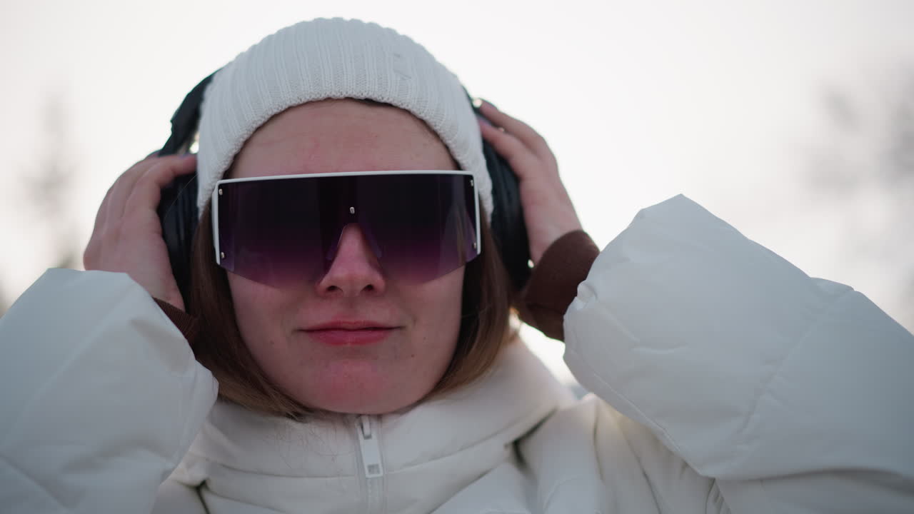 Close up of young student wearing headphones smiling and grooving outdoors in white winter jacket and beanie, expressive hand gestures and joyful movement against snowy urban plaza backdrop