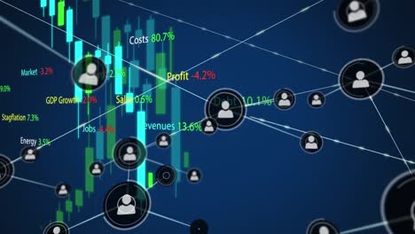 Animación-De-La-Red-De-Iconos-De-Perfil-Y-Procesamiento-De-Datos-Financieros-Sobre-Fondo-Azul