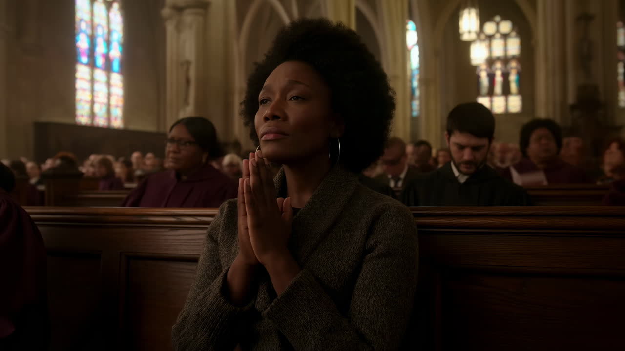 Young Woman Praying with Eyes Closed in a Church Pew