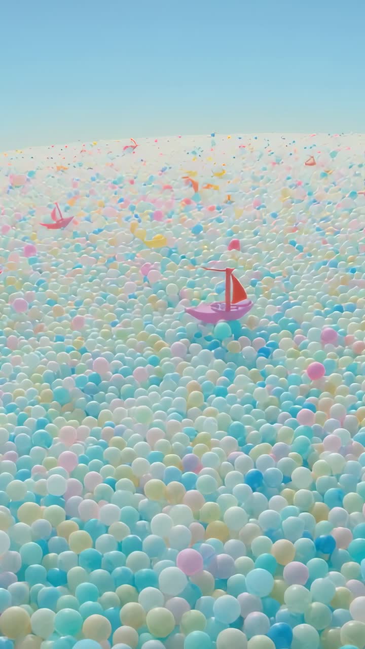 Vertical video: Moving frames revealing pink toy boat drifting on pastel balls, confetti, red sail