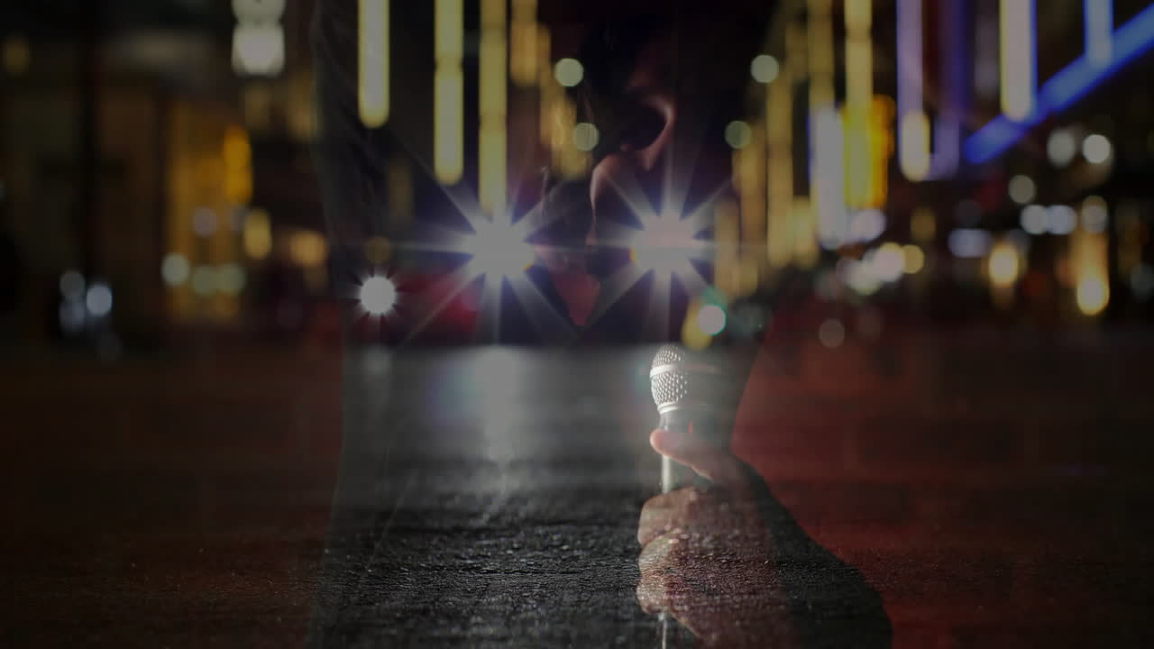 male singer holding microphone in neon-lit street, merging music double-exposure with wet pavement
