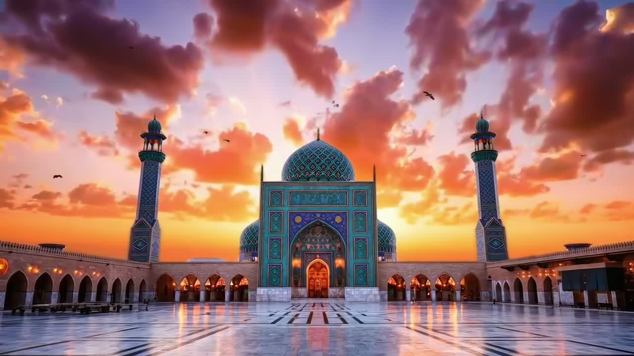 Video grandangolare di una splendida moschea al tramonto, che cattura cieli vibranti e architettura.