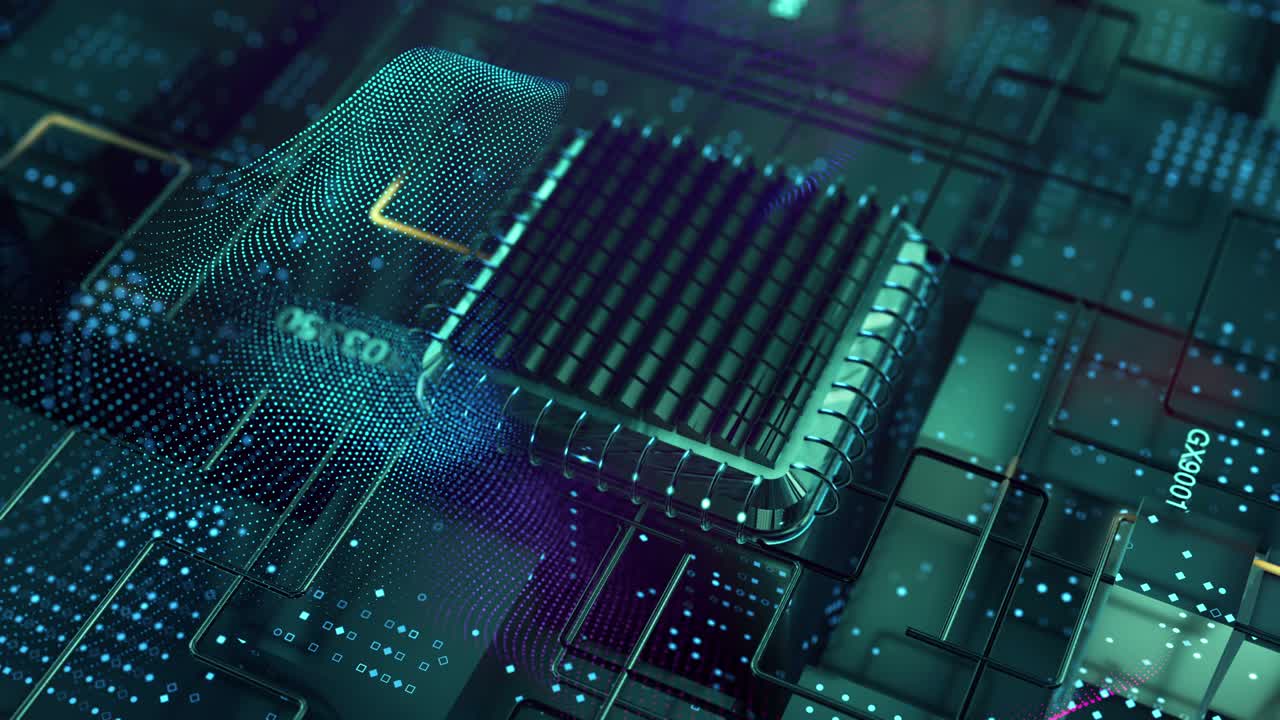 Virtual data transfer futuristic computer technology CPU processor on database circuit board. 3D video loop abstract background.