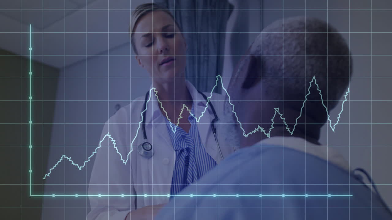 Consulting patient, doctor using animation of heart rate graph in hospital