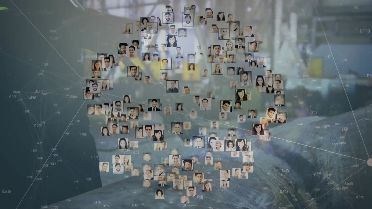 unseen user holding tablet presenting business network with floating thumbnails and data links