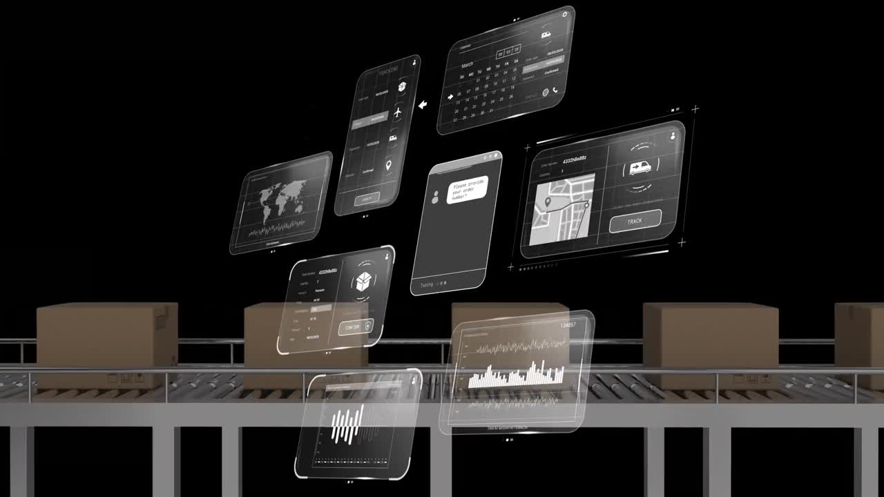 Animation of data on screens over boxes on conveyor belt