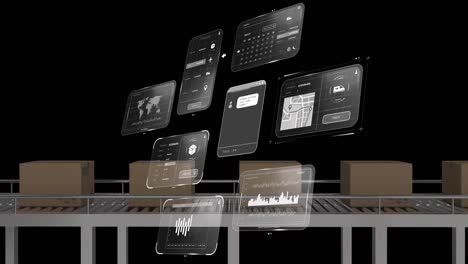 animation of data on screens over boxes on conveyor belt