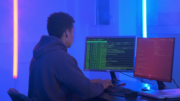 Halbnahe Aufnahme eines jungen afrikanischen Mannes, der in einem dunklen Raum mit Neonlichtern Hackerprogramme schreibt