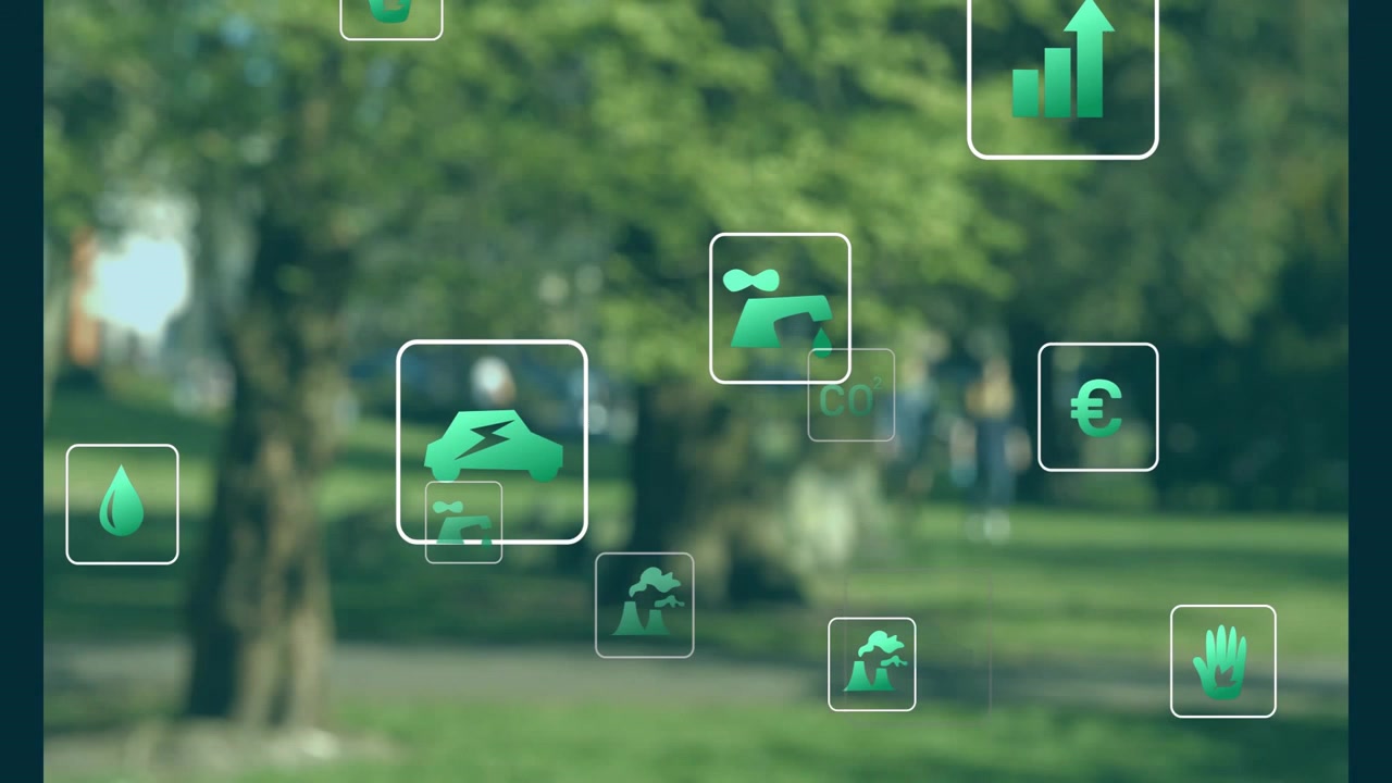 Icone verdi che appaiono sopra un parco, fluttuando ed evidenziando veicoli elettrici (EV), CO2 e un grafico di crescita per mostrare l'impatto.