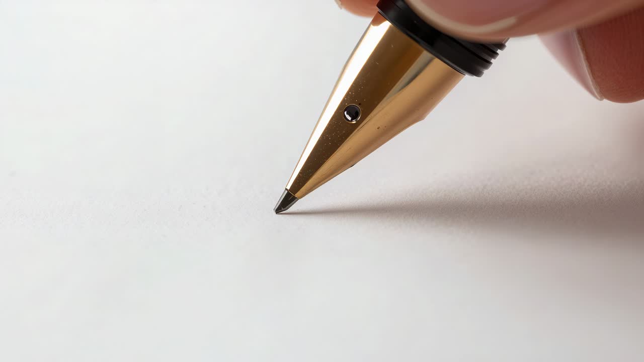 Lowering right hand gripping fountain pen nib on paper, depositing black ink squiggle, copy space