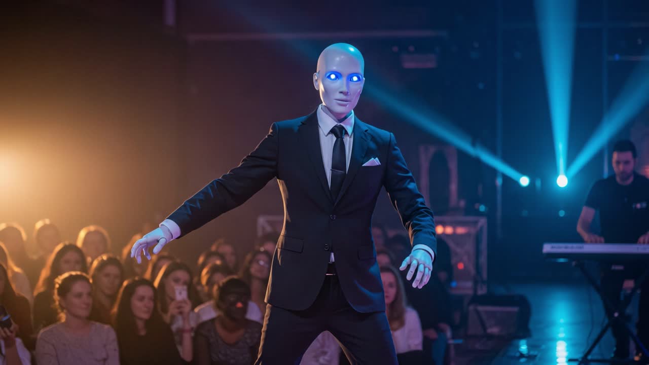 A Captivating Performance Featuring a Lifelike Robot in a Stylish Suit, Capturing the Attention of an Enthralled Audience with Mesmerizing Blue Lights