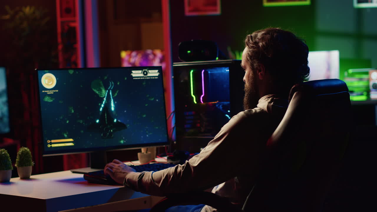 Man playing spaceship flying singleplayer game with overlay HUD showing health, fuel, ammo bars