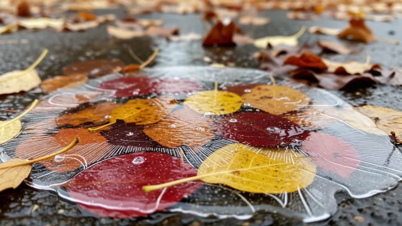 A Captivating Close-Up of Colorful Leaves Encased in Ice on a Wet Surface, Showcasing the Beauty of Nature and Change in the Seasons