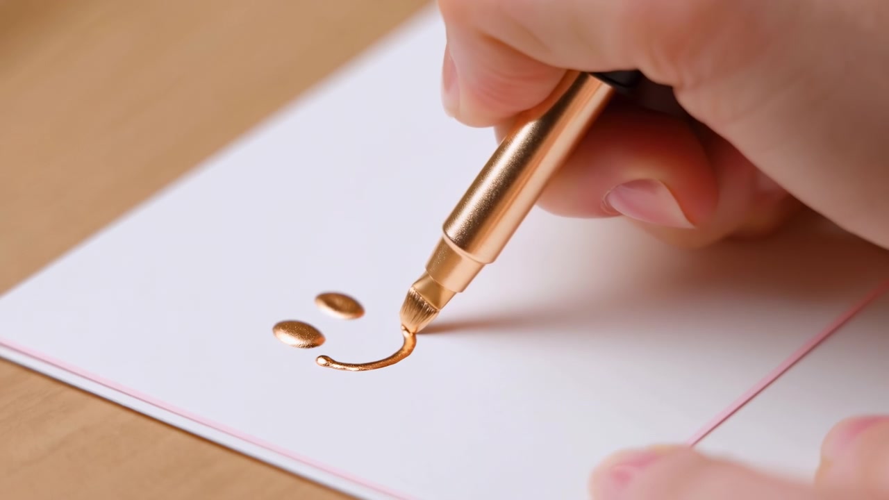Close-up of a hand holding a gold pen and writing on a blank white sheet of paper on a wooden desk, lit by soft natural light in a clean workspace