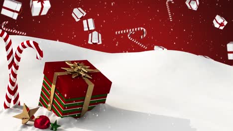 animación digital de múltiples cañas de caramelo y cajas de regalos contra las cajas de regalos de navidad