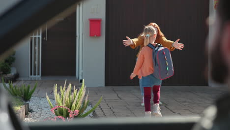 child running, home and hug for mother