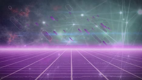 Digital-animation-of-purple-light-trails-over-network-of-connections-against-grid-network