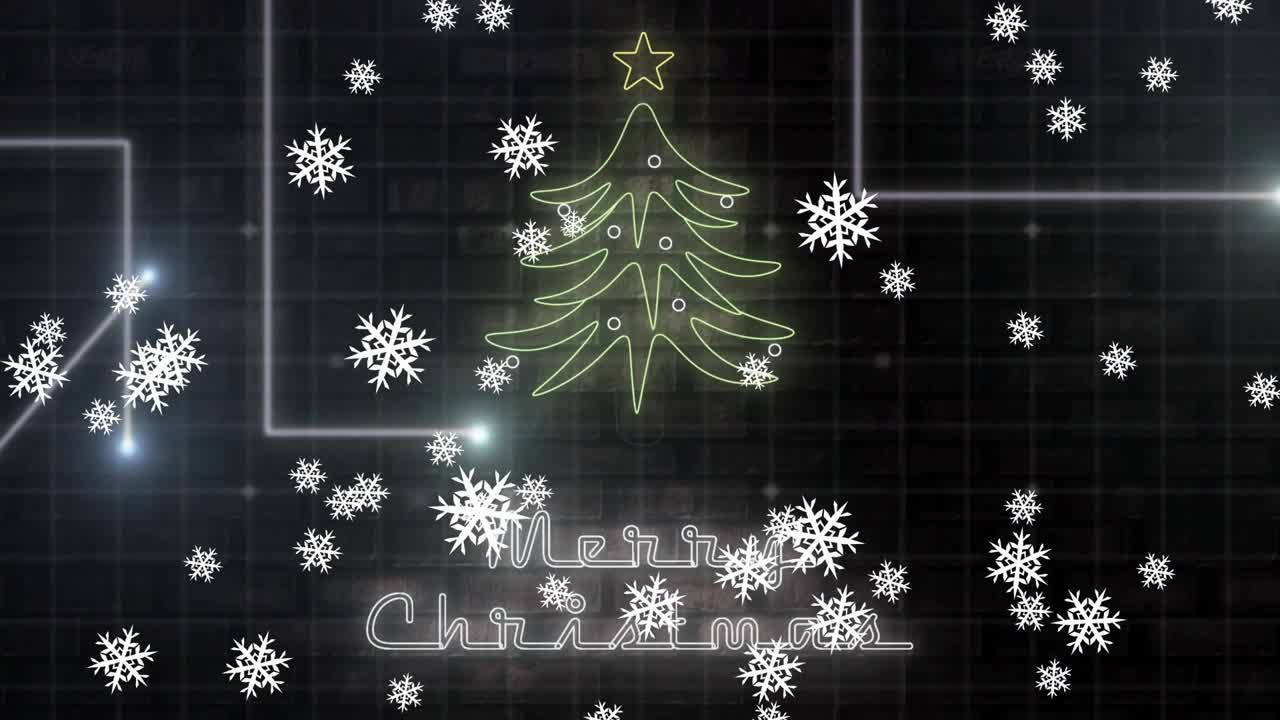 White glow drawing neon tree Merry Christmas appearing tracing circuit lines snowflakes drifting