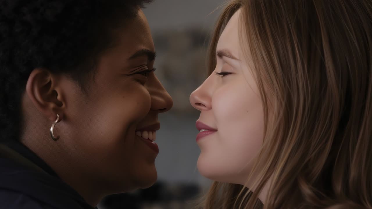 Leaning pair starting close, sharing love in living room, wearing dark and light tops, hoop earring
