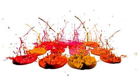 3d paints dance in 4k on white background. simulation of splashes of ink on a musical speaker that play music. beautiful splashes as a bright background in ultra high quality. version shades of red 6