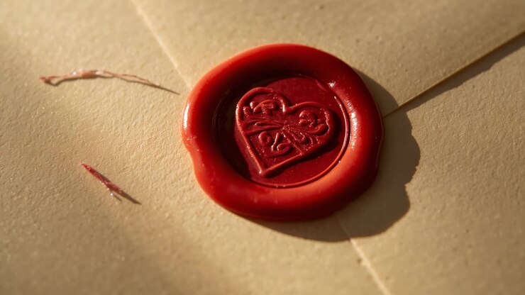 Shifting warm light showing subtle sheen changes on red wax seal atop cream envelope, filament left