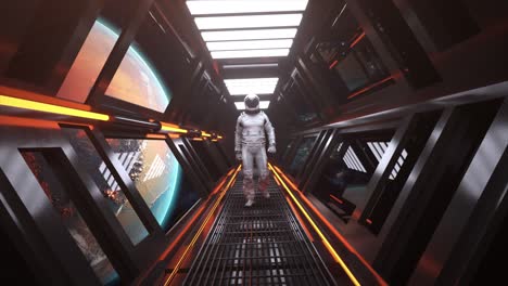 astronaut walking through a futuristic space corridor