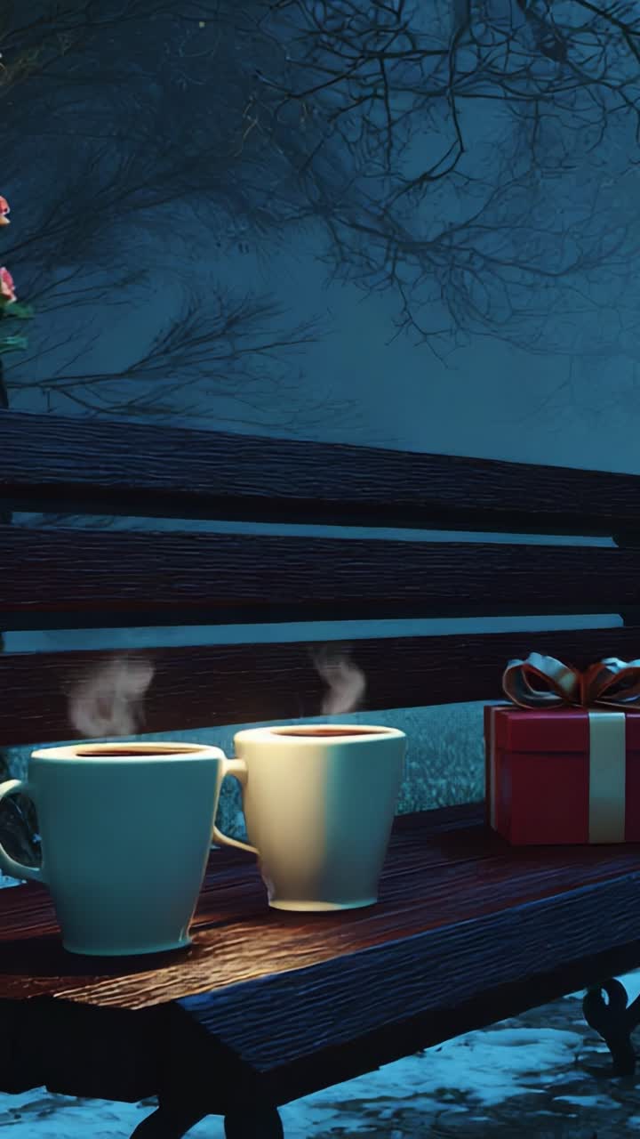 A serene evening scene featuring two steaming mugs of hot beverages on a park bench, accompanied by a beautifully wrapped gift, creating a cozy and inviting atmosphere for relaxation and companionship