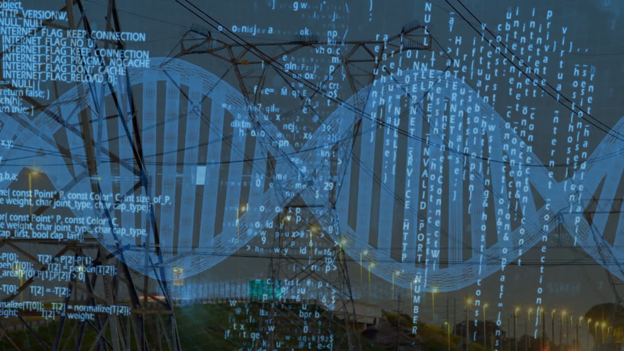 DNA strand and binary coding animation over power lines at dusk
