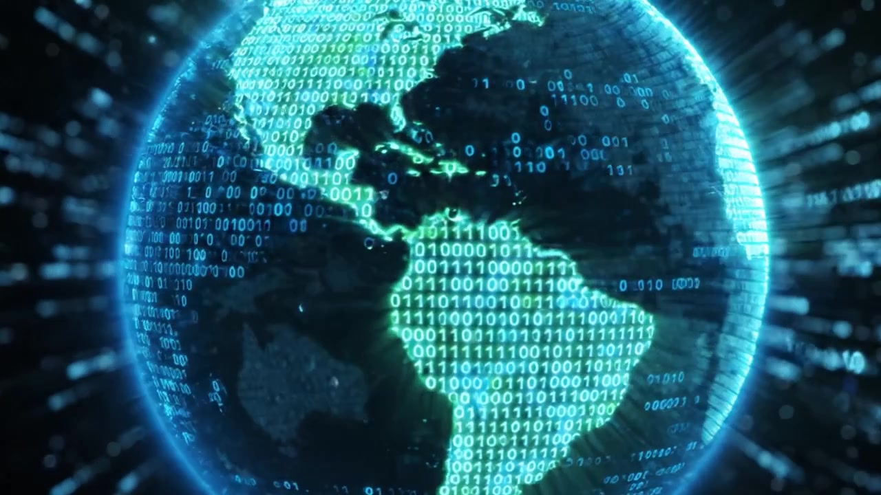 Digital Representation of a Rotating Earth Surrounded by Binary Code, Illustrating Global Connectivity and Data Flow in a Modern Technological Context