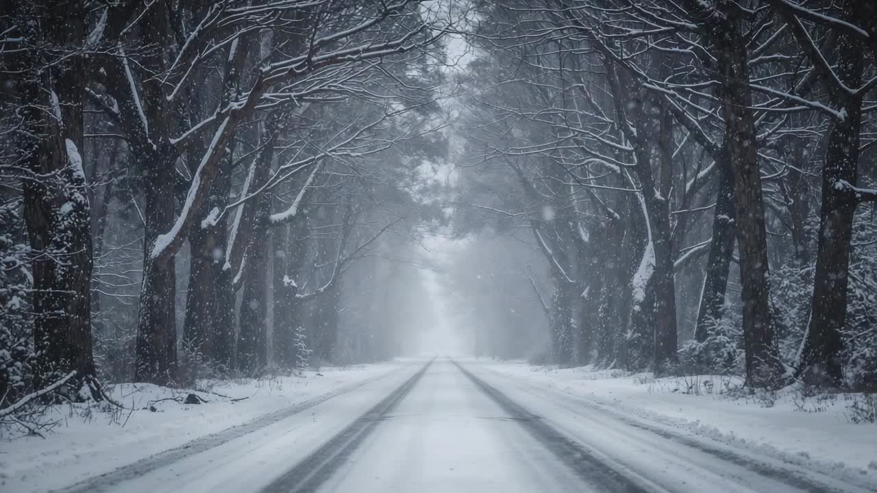Recording fixed camera capturing rising fog over narrow snow road in forest with twin tire tracks