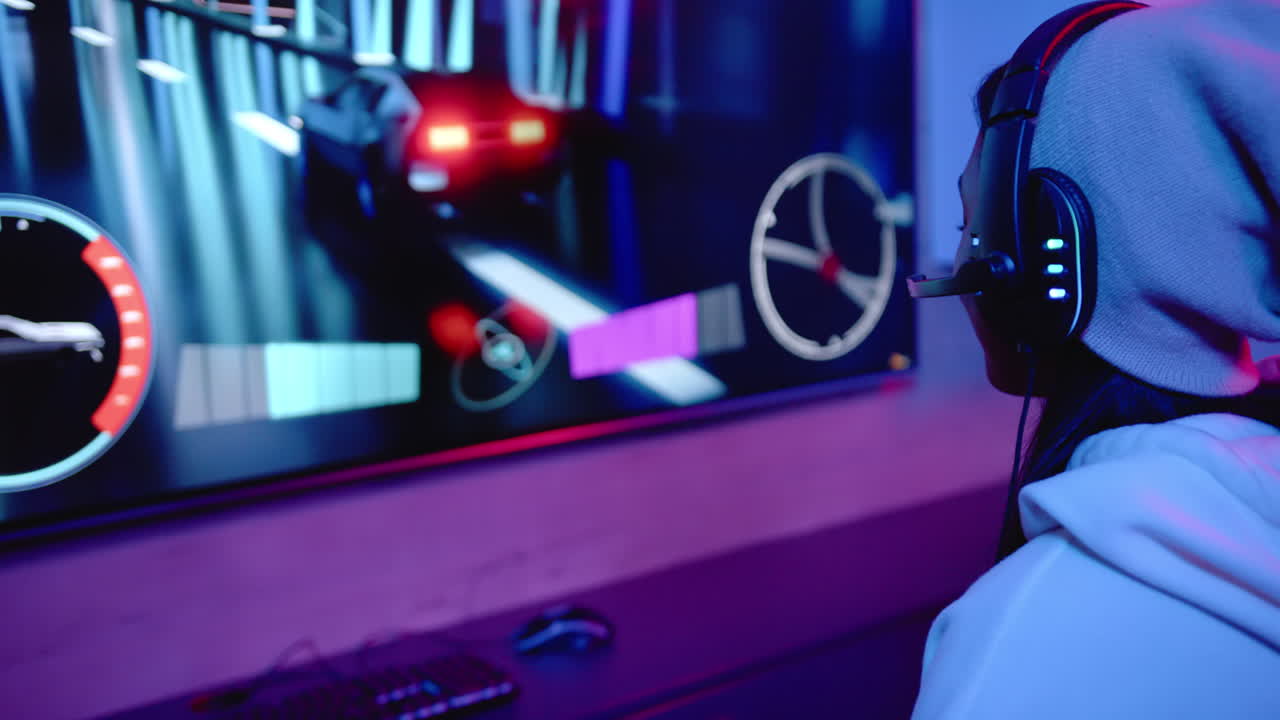 Playing video game, woman wearing headset and using controller in home setup, copy space