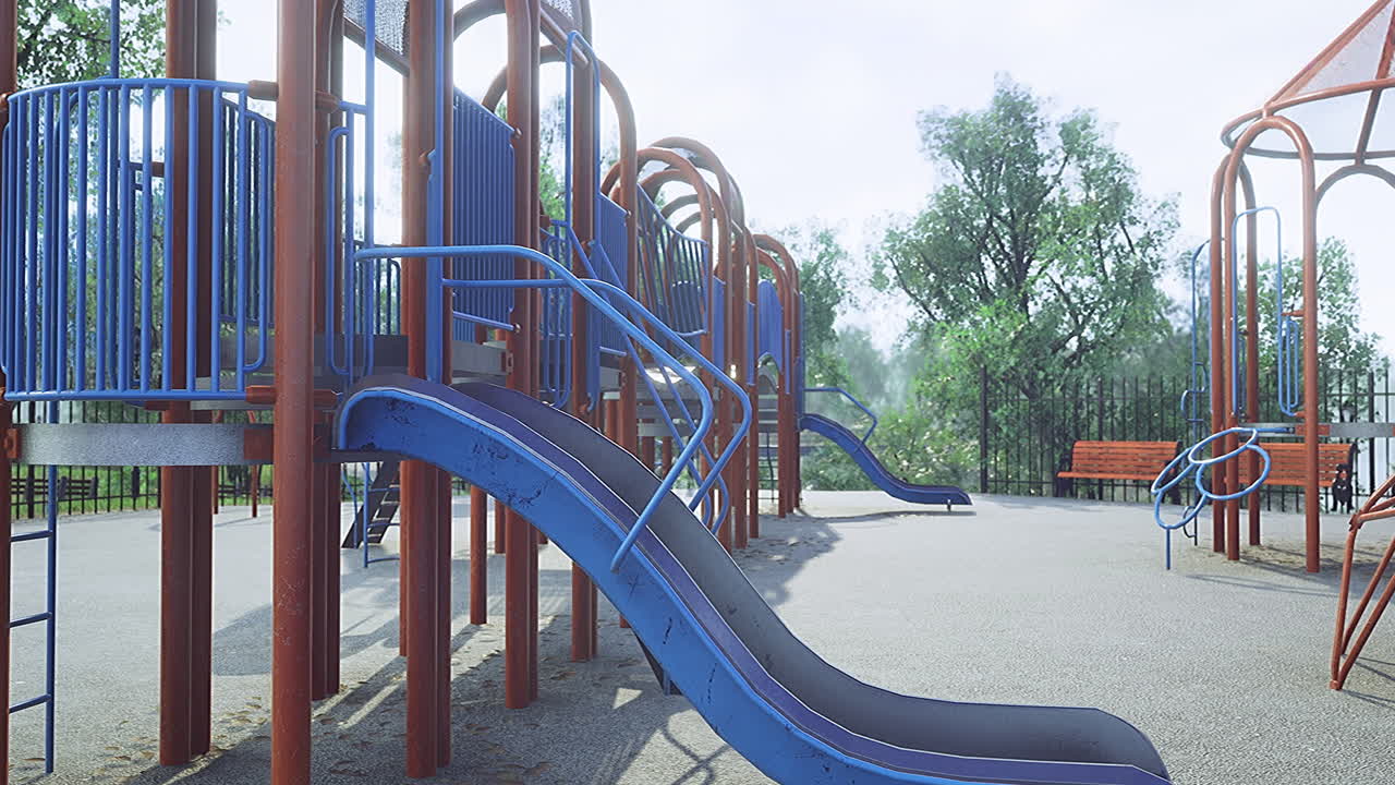 Playground with slide and climbing frames in sunny park setting