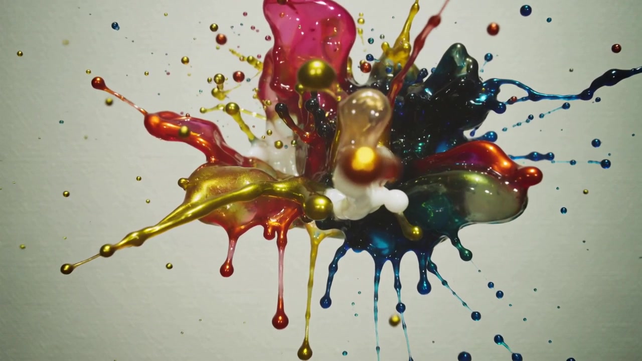 Gota golpeando glóbulo de pintura colorida, esparciendo perlas y láminas por la pared pálida, formando espuma.