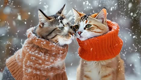 two cats in orange sweaters in the snow